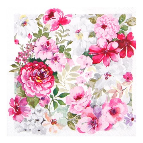 1 serviette en papier - fleurs roses et blanches - 33 x 33 cm