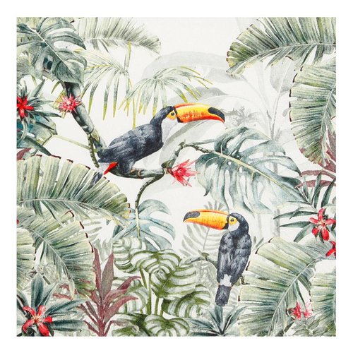 1 serviette en papier - toucans, feuillage et fleurs exotiques - 33 x 33 cm