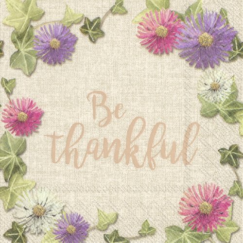 1 serviette en papier - fleurs et lin - be thankful - 25 x 25 cm