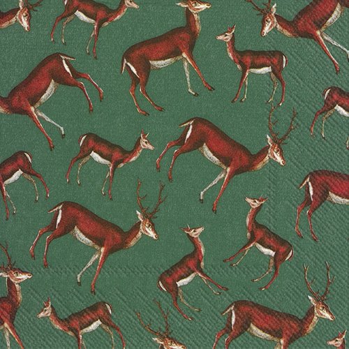 1 serviette en papier animaux - cerfs et biches sur fond vert foncé - 33 x 33 cm