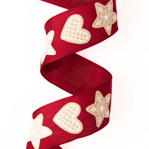Ruban satin noël motif biscuits sur fond rouge