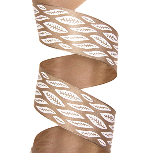 Ruban satin motifs feuilles blanches sur fond beige