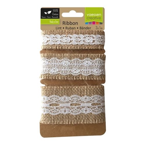 Lot 3 rubans jute et dentelle - 3 x 1m - largeur 25 / 35 et 50 mm