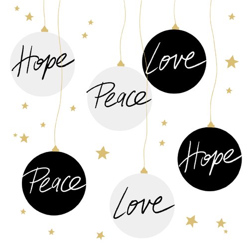 1 paquet de 20 serviettes en papier  - boules de noël love peace hope - 33 x 33 cm