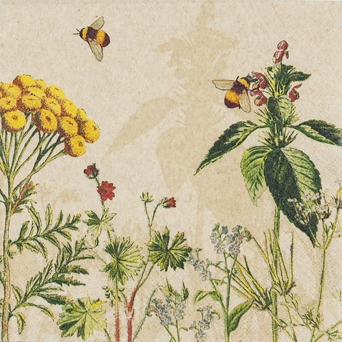 1 paquet de 20 serviettes en papier - abeilles et fleurs sur fond beige - 33 x 33 cm