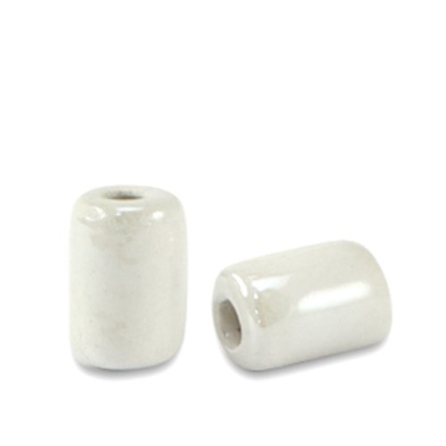 Lot 9 perles en céramique émaillées - tube -  blanc - 7 x 5 mm