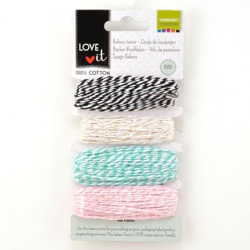 Lot ficelles bicolores - baker's twine - noir, doré, turquoise, rose - 4 x 10m