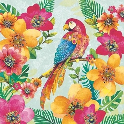 1 paquet de 20 serviettes en papier oiseau - perroquet et fleurs tropicales - 33 x 33 cm