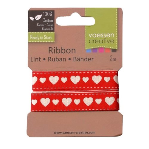 Ruban coton - coeur blanc sur fond rouge  - 15mm x 2m