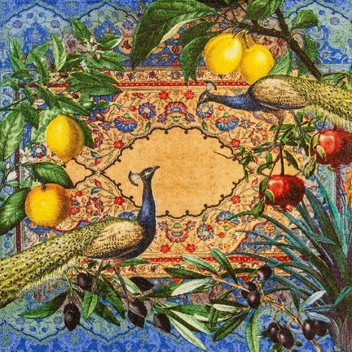 1 serviette en papier oiseau - paons, citron, olives, fruits... - 33 x 33 cm