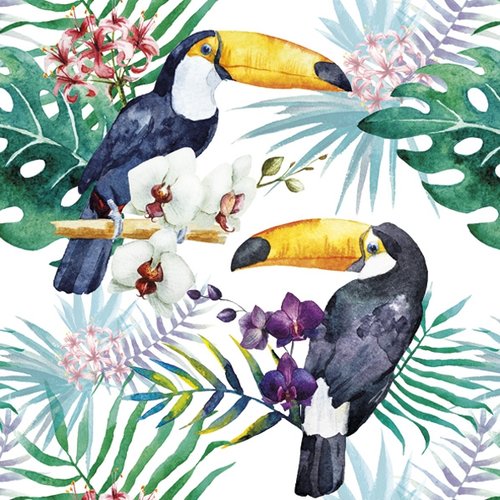 1 paquet de 20 serviettes en papier - toucans et fleurs orchidées - 33 x 33 cm