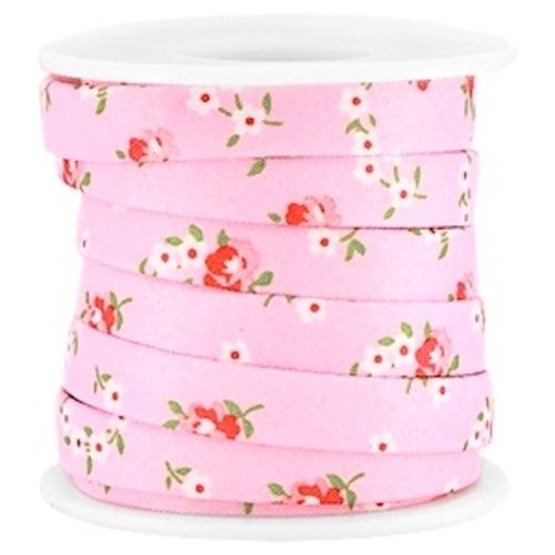 Cordon plat rose avec fleurs - 10 mm x 1 m