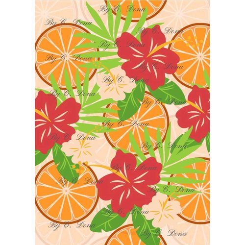Image digitale - papier scrap a4 à imprimer - orange et hibiscus