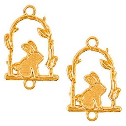 4 breloques / connecteurs lapin sur perchoir - métal doré - 15 x 23 mm