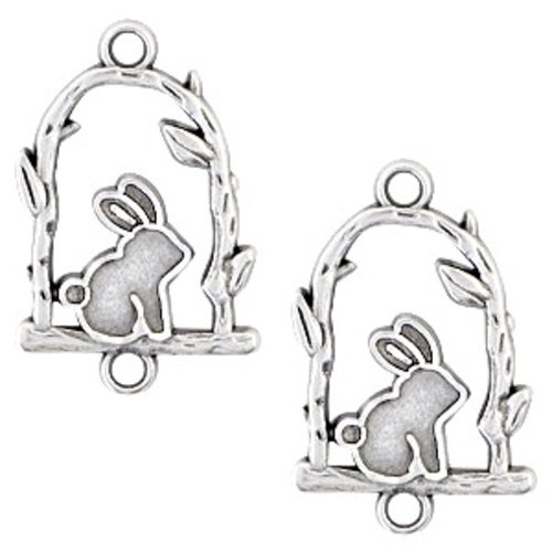 6 breloques / connecteurs lapin sur perchoir - métal argent vieilli - 15 x 23 mm