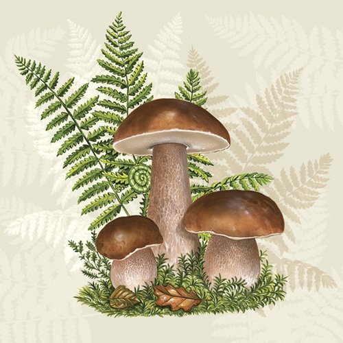 1 paquet de 20 serviettes en papier - champignons et fougères - 33 x 33 cm