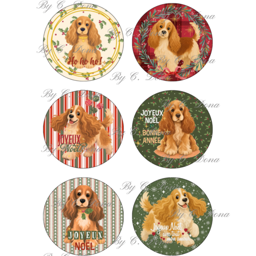 Image digitale - stickers 7,5 cm à imprimer - cockers noël