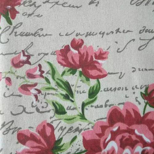 Coupon tissu coton et lin - ecritures et fleurs roses - 50 x 70 cm