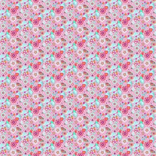Coupon tissu coton imprimé - fleurs oiseaux coeurs - multicolore fond rose - so cute - 45 x 50 cm