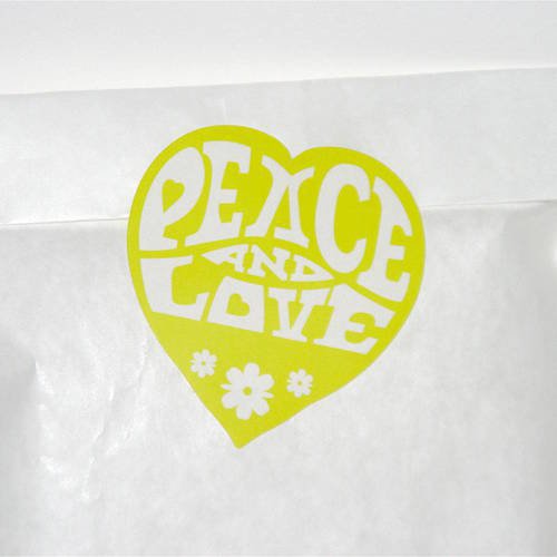 10  grands stickers / étiquettes autocollantes - coeur "peace and love" - vert anis blanc