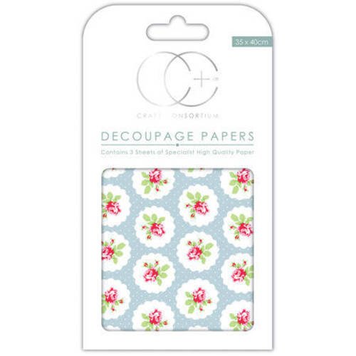 3 feuilles de papier patch / papier à coller - fleurs /roses sur fond bleu - craft consortium - 35 x 40 cm