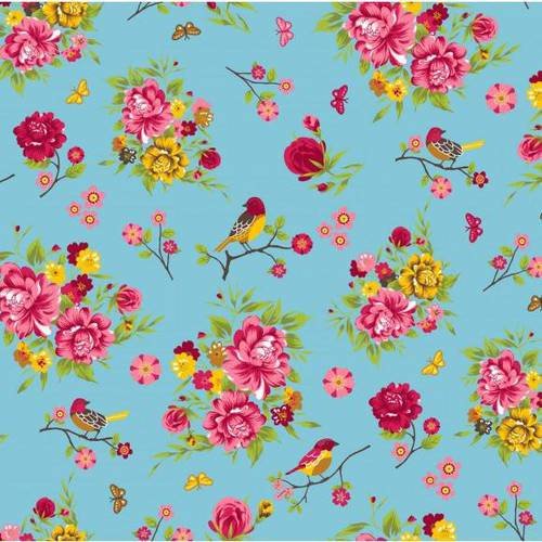 Coupon tissu coton imprimé - fleurs et oiseaux - bleu rose vert jaune - romantic 45 x 50 cm
