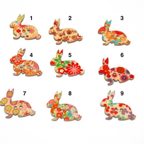 5 boutons en bois en forme de lapins motifs au choix 