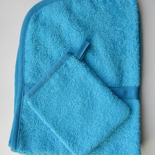 Serviette de toilette enfant bleu turquoise + 1 gant