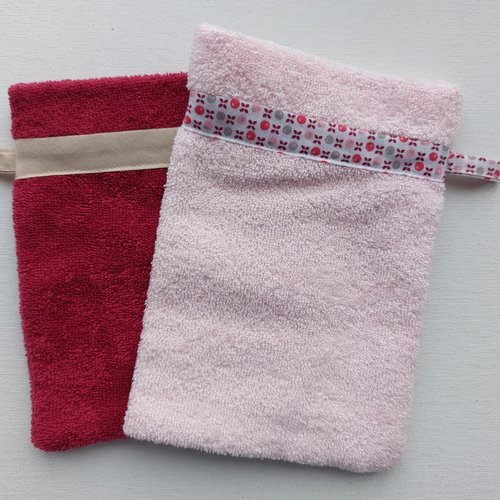 Gants de toilette adulte avec un revers   ( bordeaux / rose saumon )