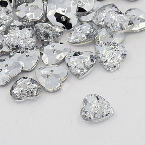 10 boutons fantaisies strass transparent 13 mm forme coeur - 2 trous - creation couture scrapbooking