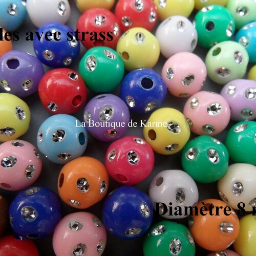 65 perles acrylique multicolore avec strass 8 mm - creation bijoux