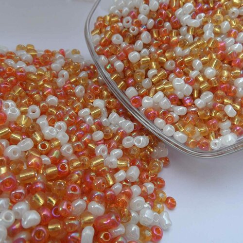 500 perles de rocaille orange dore et blanc - mélange multicolore ø 4 mm 6/0 - creation bijoux