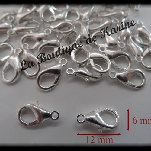 50 fermoirs mousquetons metal argente clair 12 x 6 mm - creation bijoux perles