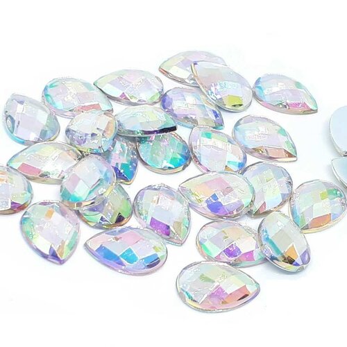 40 perles strass cabochon goutte a coller acrylique transparent avec reflets multicolores 10 x 14 mm - creation bijoux perles
