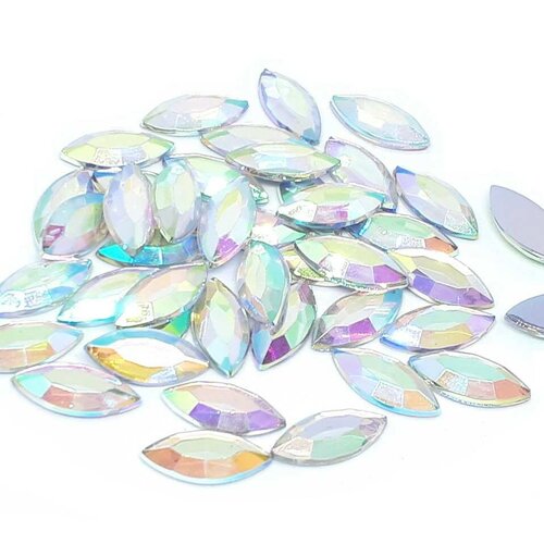 50 perles strass cabochon oeil de cheval à coller acrylique transparent avec reflets multicolores 10 x 14 mm - livraison gratuite - créati