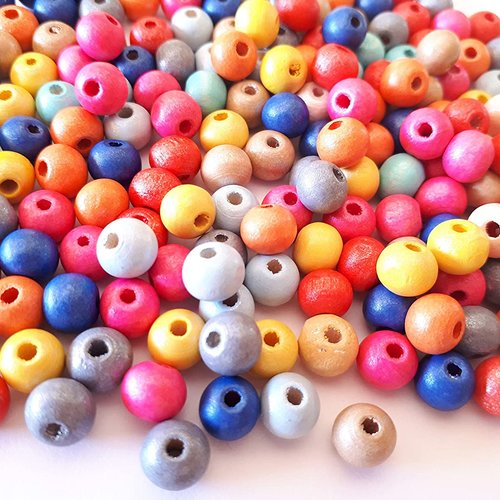 200 perles rondes en bois multicolore 8 mm - creation bijoux