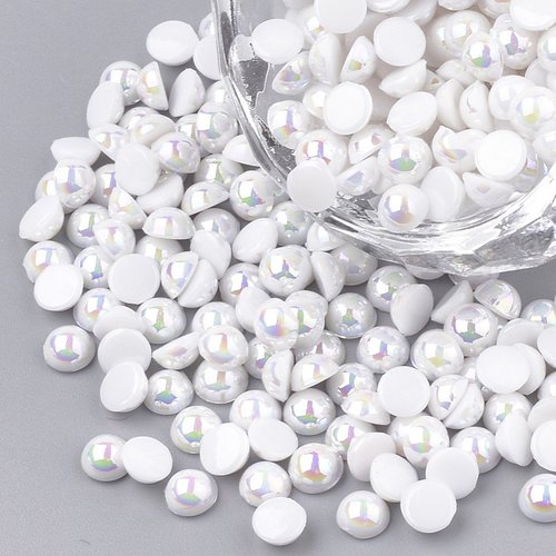 300 perles cabochon demi rond à coller acrylique blanc nacre 4 mm avec reflets multicolores - dos plat - creation diy