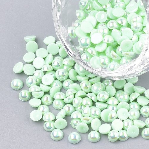 300 perles cabochon demi rond à coller acrylique vert nacre 4 mm avec reflets multicolores - dos plat - creation diy