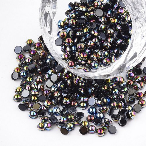 300 perles cabochon demi rond à coller acrylique noir nacre 4 mm avec reflets multicolores - dos plat - creation diy