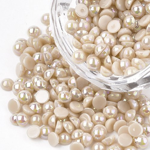 300 perles cabochon demi rond à coller acrylique beige foncé nacre 4 mm avec reflets multicolores - dos plat - creation diy