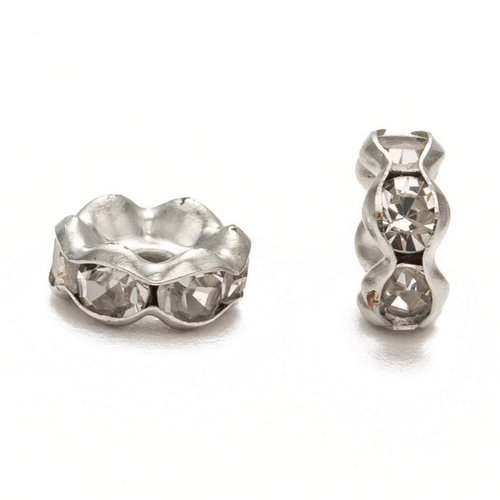 20 perles rondelle intercalaire bords ondulés strass transparent metal argenté 6 mm - grade a - creation bijoux
