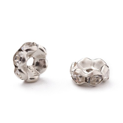 20 perles rondelle intercalaire bords ondulés strass transparent metal argenté 8 mm - grade a - creation bijoux