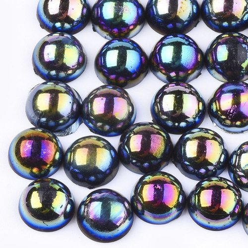 100 perles cabochon demi rond à coller acrylique noir nacre ab 8 mm avec reflets multicolores - dos plat - creation diy