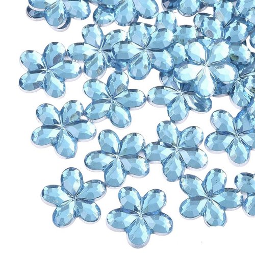 50 perles strass cabochon fleur strass bleu 9 mm acrylique à coller - dos argenté - creation diy