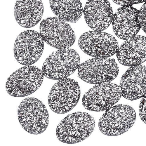 10 perles cabochon strass paillette ovale à coller acrylique gris 17 mm - dos plat - creation diy