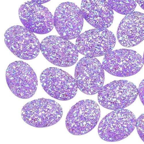 10 perles cabochon strass paillettes ovale à coller acrylique violet 17 mm - dos plat - creation diy