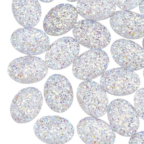10 perles cabochon strass paillettes ovale à coller acrylique blanc 17 mm - dos plat - creation diy