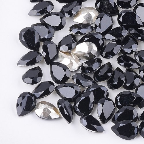10 perles strass cabochon goutte à facettes noir 10 x 14 mm - acrylique - dos pointu - creation diy