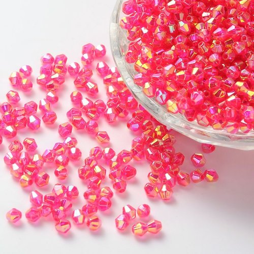 200 perles toupies bicone a facettes acrylique rose foncé avec reflets ab 6 mm - creation bijoux