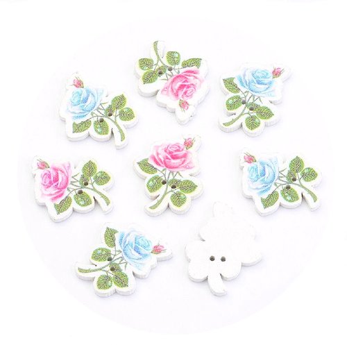 5 boutons bois blanc forme fleurs rose, bleu, vert 2 trous - couleurs aléatoires - creation couture diy